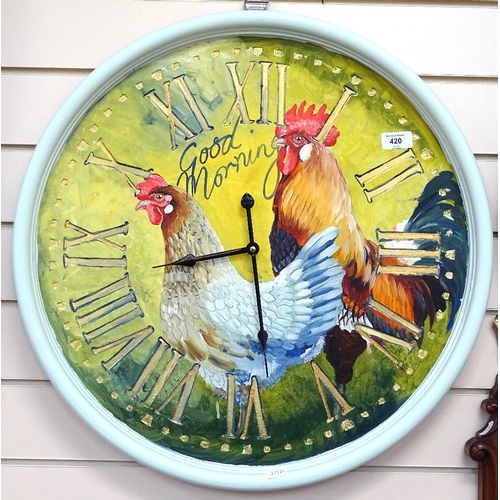 420 - Clive Fredriksson, hand painted and crafted clock, good morning chickens, diameter 60cm