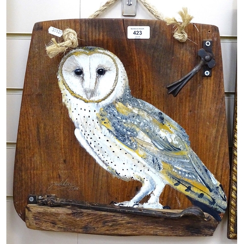 423 - Clive Fredriksson, hand painted and carved wood sculpture, barn owl on windowsill, signed, height 39... 