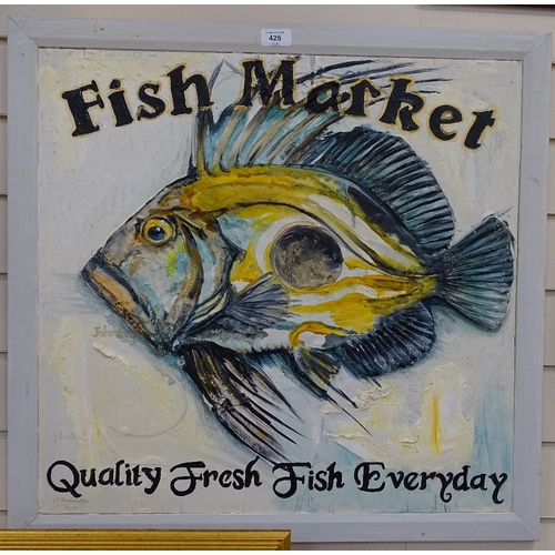 425 - Clive Fredriksson, hand painted and crafted wall sculpture, fish market advertising sign, framed, ov... 