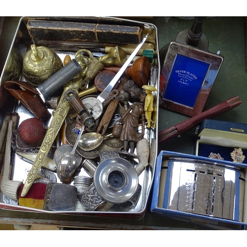 452 - Hand bell, pillbox, frame, razor etc