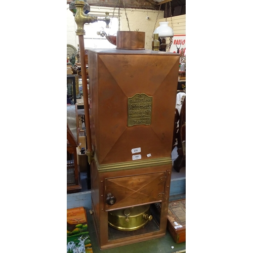 470 - A 19thC French copper and brass water boiler, by Brevete of Paris, height 104cm overall