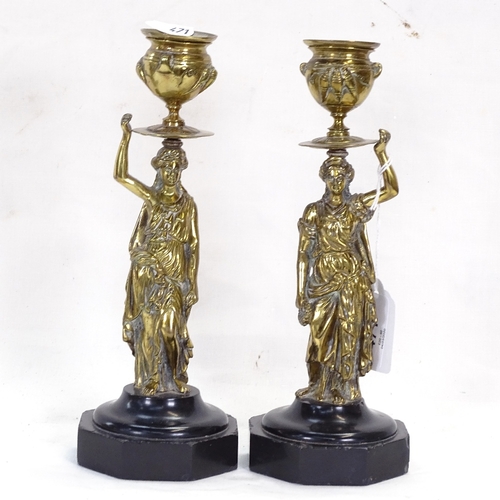 471 - A pair of cast-brass figure candlesticks on marble plinths, height 22cm