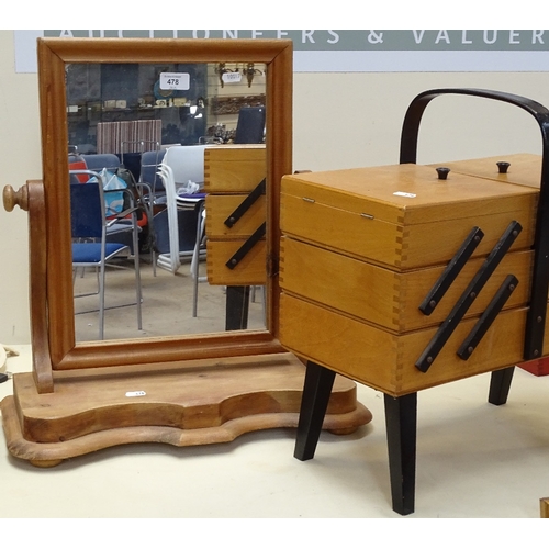 478 - A pine swing toilet mirror, and a cantilever sewing box