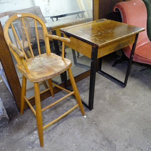 1489 - A Vintage single school desk, and a beech child's highchair