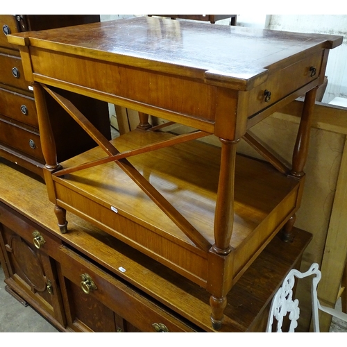 1494 - A burr-walnut Regency style 2-tier side table, with end frieze drawer, on turned legs, W74cm, H69cm