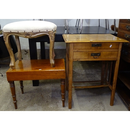 1518 - An Edwardian walnut music cabinet, a mahogany 2-drawer side table, a bidet etc