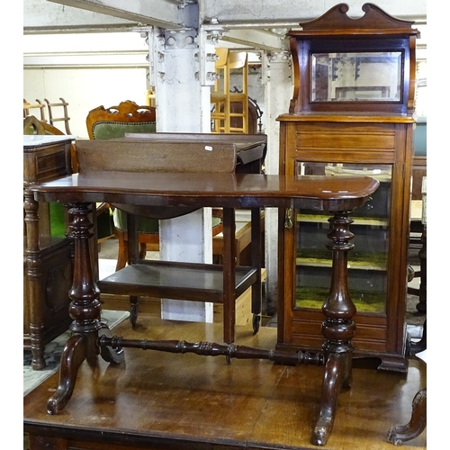 1541 - An Edwardian walnut music cabinet, a Victorian stretcher table, and a drop leaf tea trolley