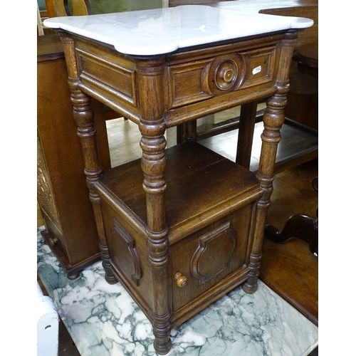 1542 - A French oak and marble-top bedside cabinet, W45cm, H82cm