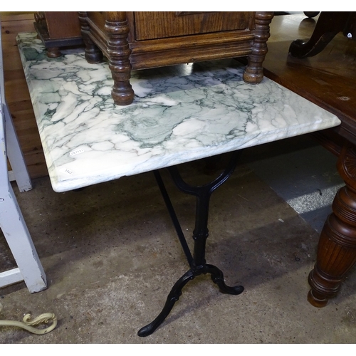 1543 - A green veined and white rectangular marble-top garden table, on wrought-iron base, W100cm