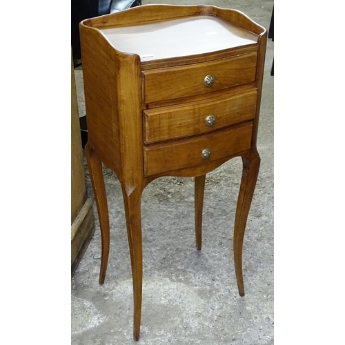 1550 - A French walnut 3-drawer bedside chest, W34cm, H75cm