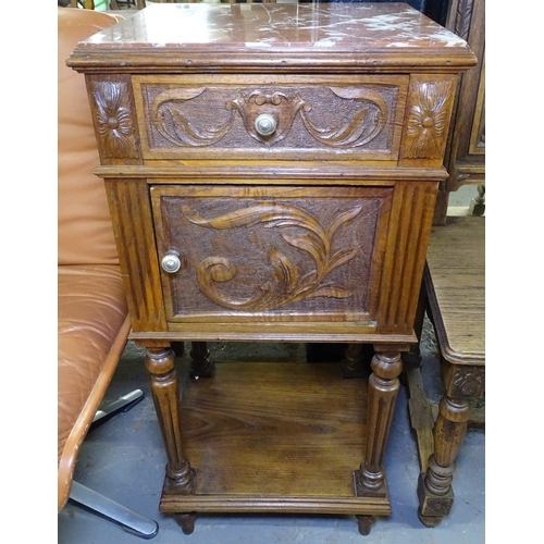 1559 - A French marble-top and carved oak pot cupboard, W40cm, H87cm