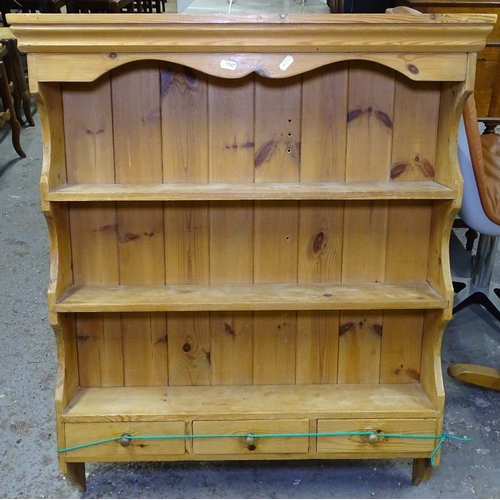 1562 - A pine hanging kitchen shelf unit with 3 spice drawers, W77cm, H94cm