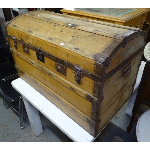 1567 - A Victorian steel and slat-bound dome-top trunk, W92cm