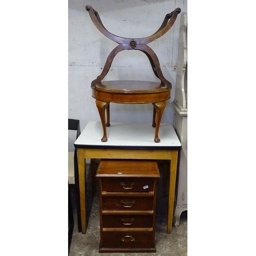 1574 - A Vintage kitchen table, a narrow 4-drawer chest, a piano stool, and a circular occasional table (4)