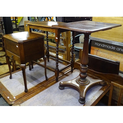 1577 - A Georgian mahogany tilt-top table on platform base, an oak barley twist occasional table, and a 192... 