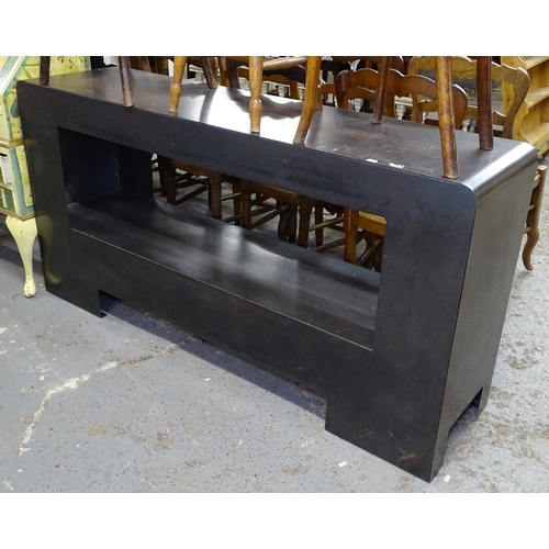 1579 - An industrial style patinated steel console table, W160cm, H80cm, D40cm