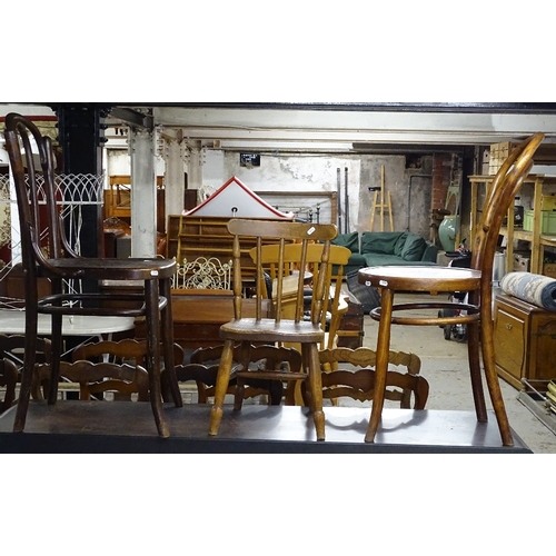 1581 - A Mundus bentwood side chair, another, and a child's Antique elm-seated stick-back chair