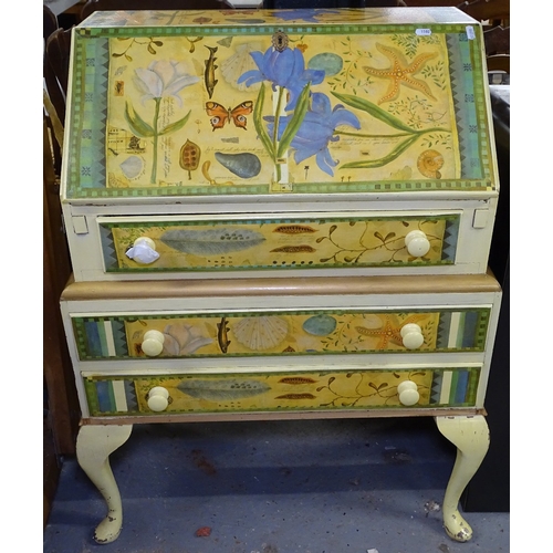 1582 - A painted 2-drawer bureau on cabriole legs, W68cm