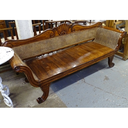 1584 - A simulated rosewood (hardwood) and cane-panel rollover arm settee in Regency style, L200cm