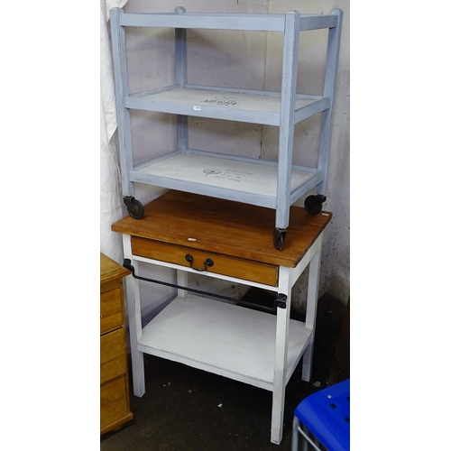 1594 - A grey painted 3-tier tea trolley, and a painted and polished wood side table with single drawer