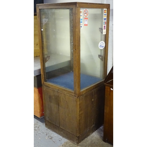 1597 - An early 20th century oak-framed square museum display cabinet, with glazed panelled sides, W60cm, H... 