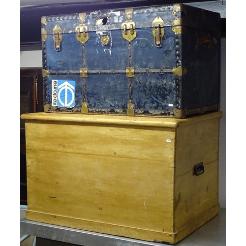 1599 - A large polished pine blanket chest, a Vintage trunk etc