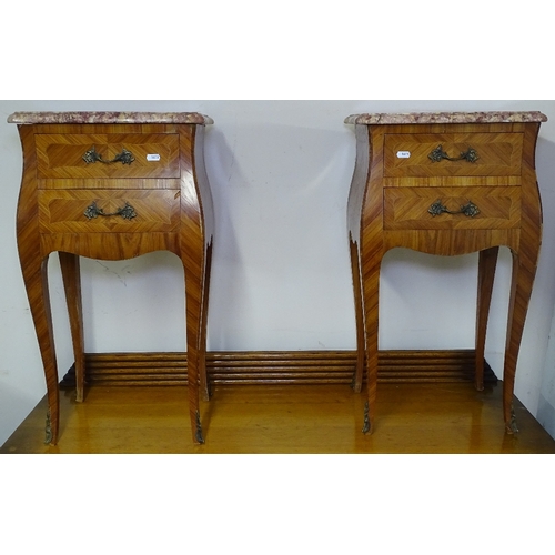 1611 - A pair of French walnut marble-top bomb bedside chests, with 2 short drawers, cabriole legs, W39cm, ... 