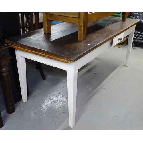 1628 - A painted and polished rectangular kitchen table, with single drawer on square tapered legs, L187cm,... 