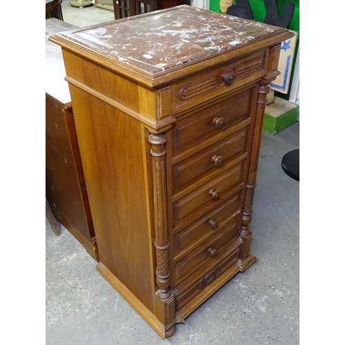 1632 - A French marble-top and oak bedside chest, with fluted columns, W47cm, H91cm