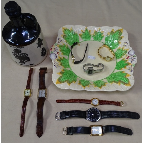 488 - A 102 Fd 21st Anniversary Port bottle, group of wristwatches and a Clarice Cliff dish