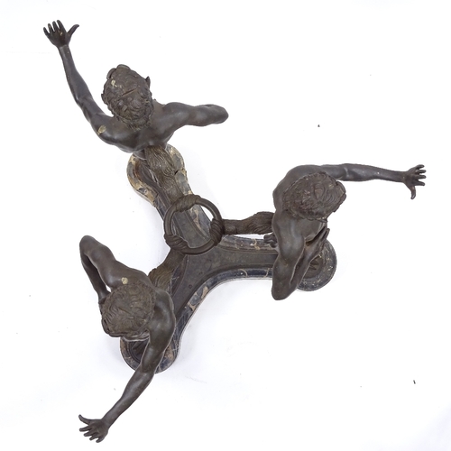17 - A fine quality 19th century bronze table base in the form of 3 standing satyrs, joined by a central ... 