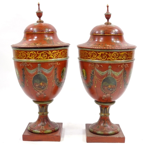 70 - A pair of painted and gilded wooden ornamental urns and covers in Adam style, probably mid-20th cent... 