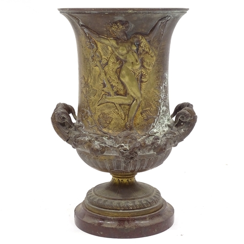 72 - Albert Dammouse (1848 - 1926), bronze 2-handled urn with relief moulded Classical figures on red mar... 