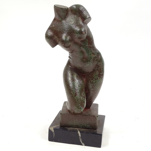 74 - A green patinated bronze female nude torso, signed Tew, mounted on black marble plinth, overall heig... 