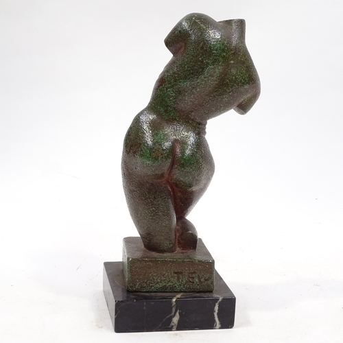 74 - A green patinated bronze female nude torso, signed Tew, mounted on black marble plinth, overall heig... 