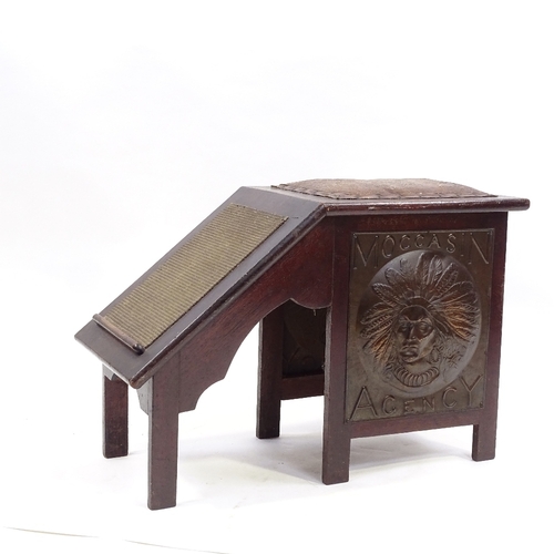 80 - A 19th century stained wood shoeshine stool, with relief embossed copper panelled sides depicting a ... 