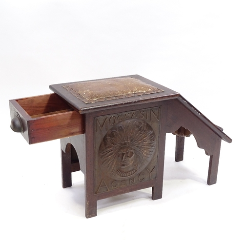 80 - A 19th century stained wood shoeshine stool, with relief embossed copper panelled sides depicting a ... 