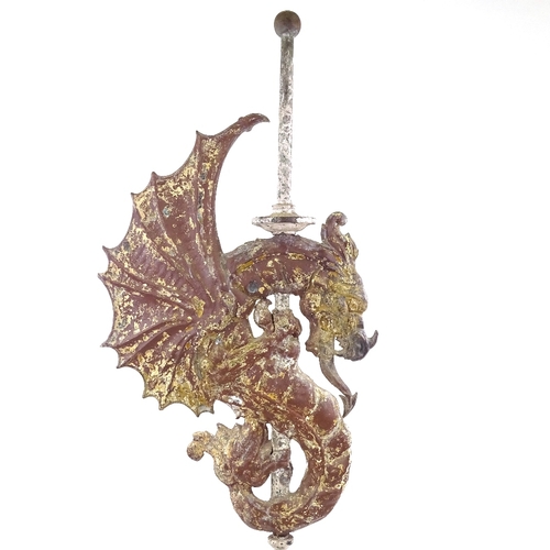 91 - A 19th century painted metal dragon design weather vane on cast-iron stand, overall height 1.94m