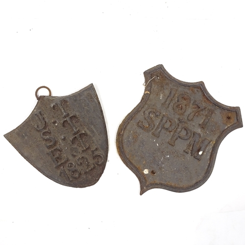 92 - 2 19th century cast-iron shield-shaped plaques, dated 1871, height 42cm, and 1825, height 32cm (2)