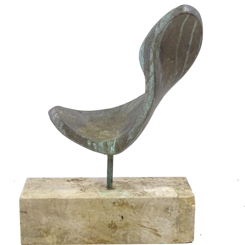 93 - A hollow-cast patinated bronze abstract sculpture, probably mid-20th century, unsigned, on marble bl... 