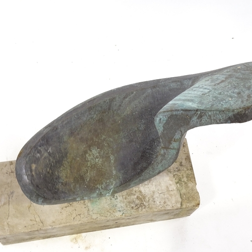 93 - A hollow-cast patinated bronze abstract sculpture, probably mid-20th century, unsigned, on marble bl... 