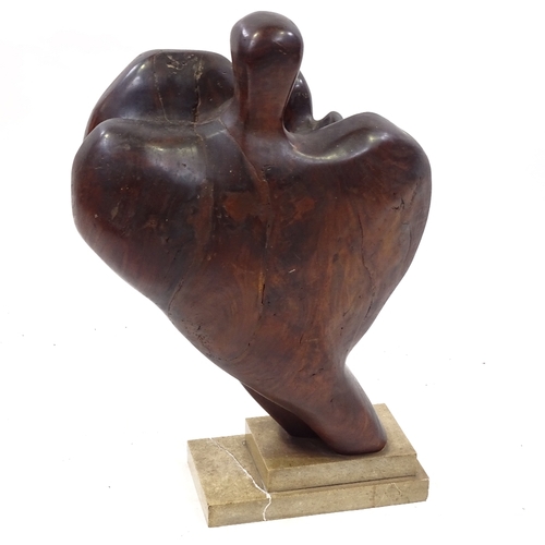 96 - A 3-dimensional carved and stained wood abstract sculpture in the manner of Henry Moore, unsigned, p... 