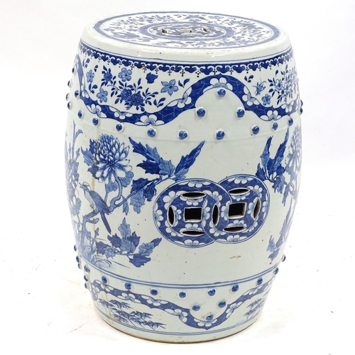 97 - A Chinese blue and white porcelain barrel-shaped garden seat with hand painted decoration, height 47... 