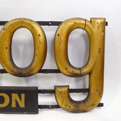 99 - A Victorian giltwood letter advertising sign for Turog Bread, with wooden Bourbon sign below, overal... 