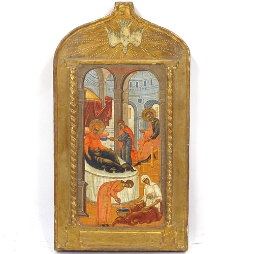 105 - A small Russian painted and gilded wood icon, probably 19th century, with temple scene and Cyrillic ... 