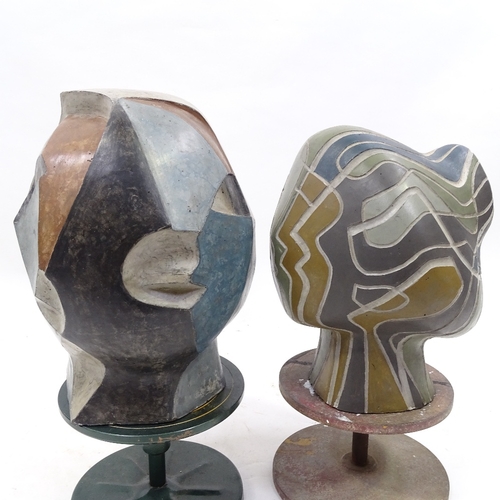 114 - A pair of unusual painted clay sculptures, abstract head compositions, probably mid-20th century, un... 