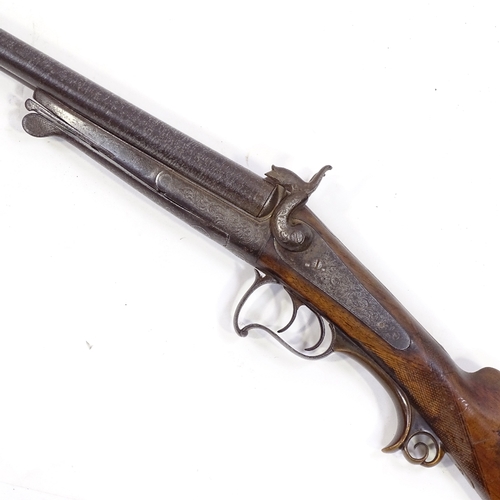 118 - A 19th century Continental double-barrel pinfire sporting gun, with carved horn trigger support and ... 