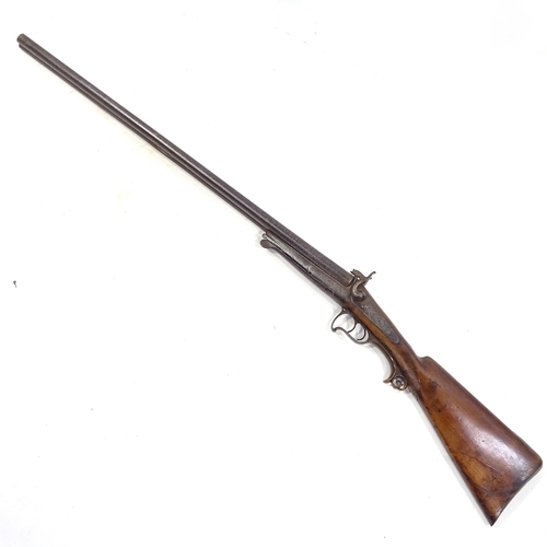 118 - A 19th century Continental double-barrel pinfire sporting gun, with carved horn trigger support and ... 