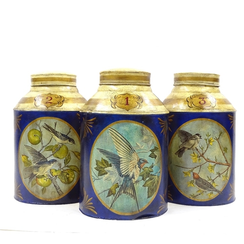 119 - A set of 3 large painted and gilded metal tea canisters, probably mid-20th century, height 45cm