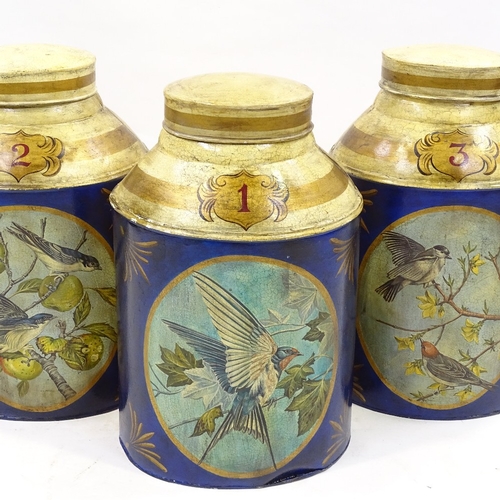 119 - A set of 3 large painted and gilded metal tea canisters, probably mid-20th century, height 45cm